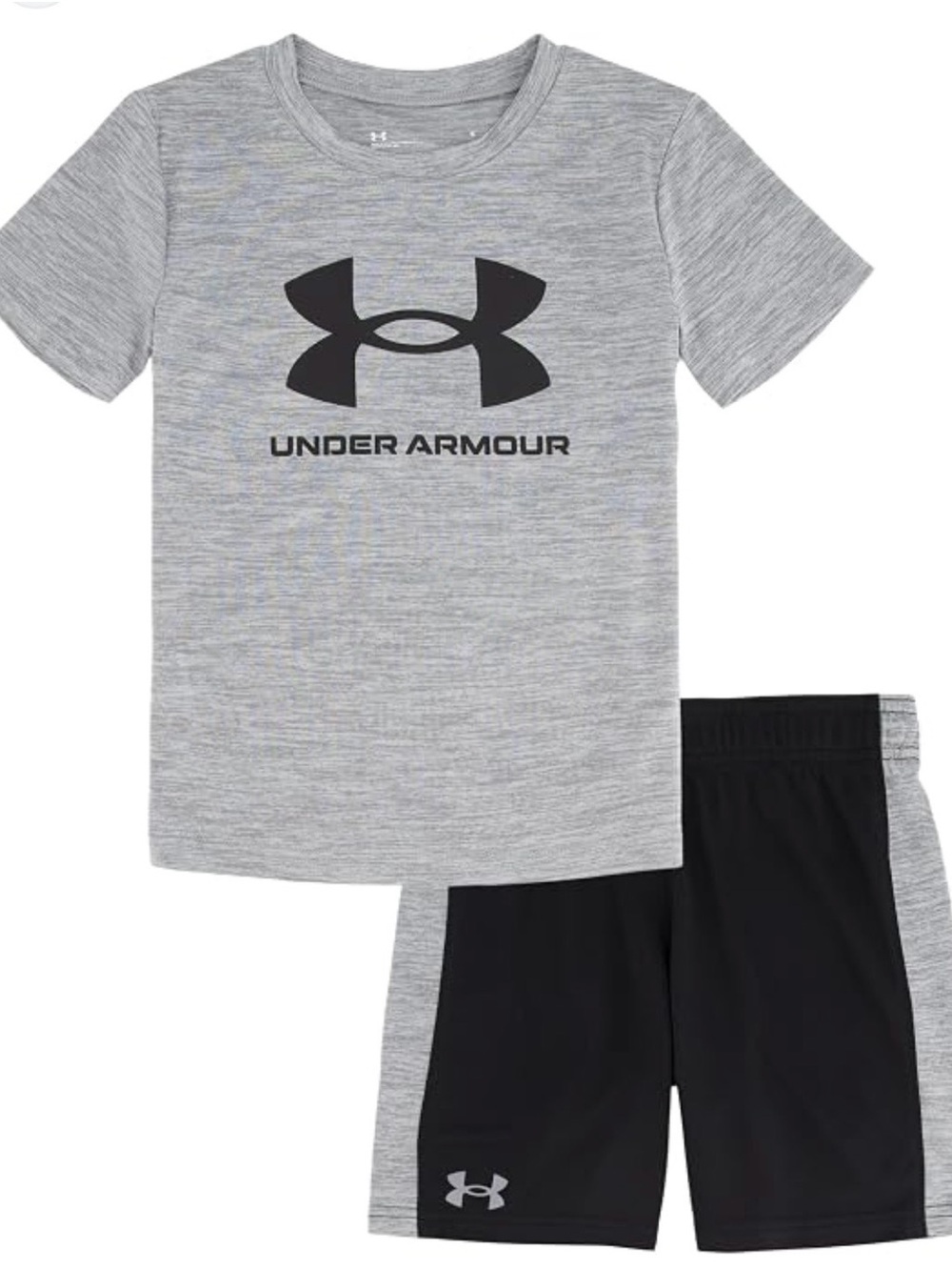 Kids Under Armour Grey Heather Tee with Black Athletic Shorts in 4T